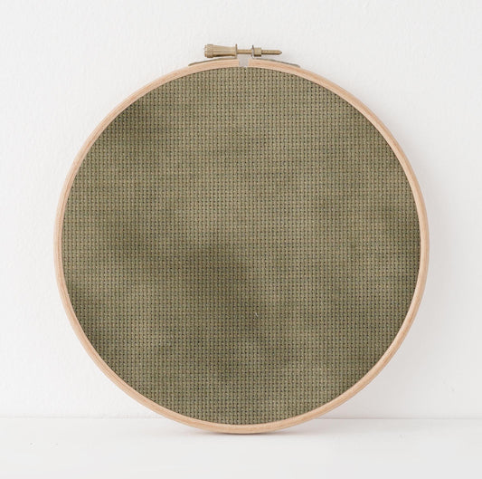 Gorgons Tears Cross Stitch Fabric. 14/16/18 Aida Count. A mottled olive green, hand dyed effect  Printed Aida.