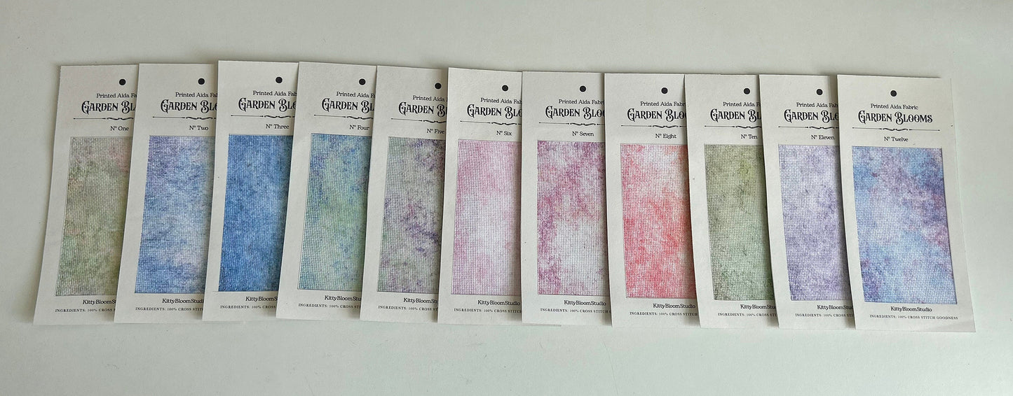 N*12 Garden Blooms (16" x11”) Enchanted Garden Cross Stitch Fabric fresh violets, Aqua and purples Pattern Aida