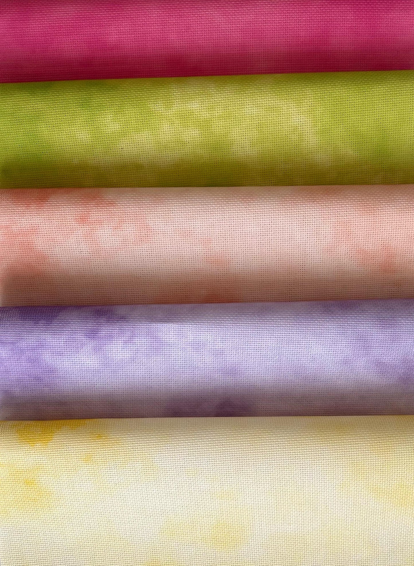 Set of 5 Bright Coloured Printed Cross Stitch Fabrics, Hand Dyed Effect Aida Cloth bundle, 14 / 16 / 18  Count Available