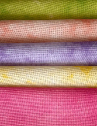 Set of 5 Bright Coloured Printed Cross Stitch Fabrics, Plus 1 bonus Aida. Hand Dyed Effect  bundle, 14 / 16 / 18  Count Available