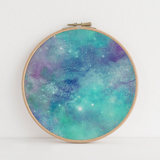 Starry Green Space Odyssey  (16" x11”) Galaxy Cross Stitch Fabric, Space Print,Night Sky, Dyed Effect Aida, Stars, Universe 14/16/18 Count