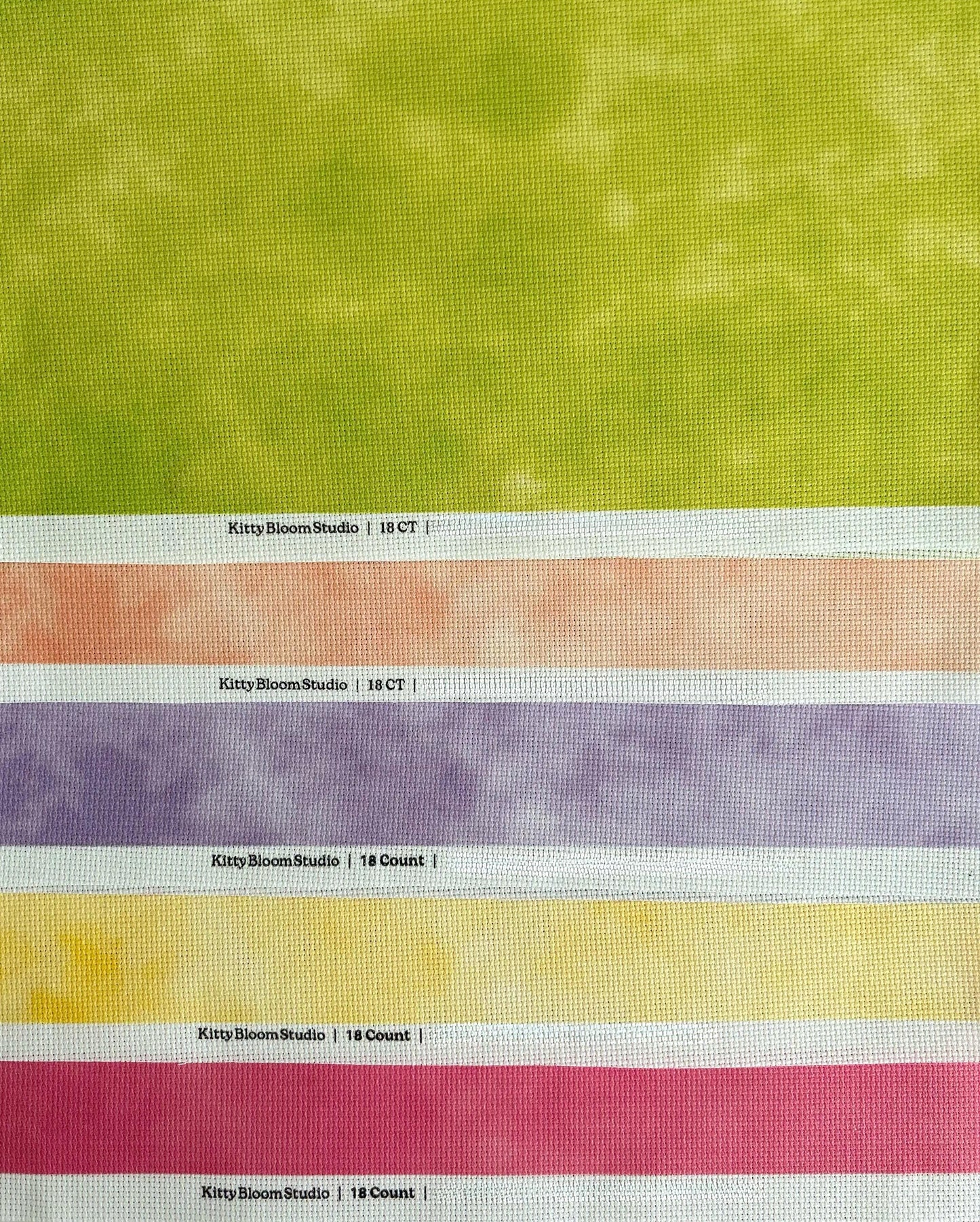 Set of 5 Bright Coloured Printed Cross Stitch Fabrics, Plus 1 bonus Aida. Hand Dyed Effect  bundle, 14 / 16 / 18  Count Available