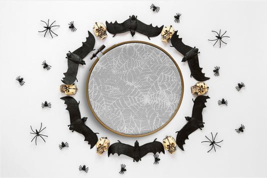 Spider Lace Aida Fabric. Cob Web Theme Cross Stitch Fabric. Grey and white printed Aida, 14/16/18 Count