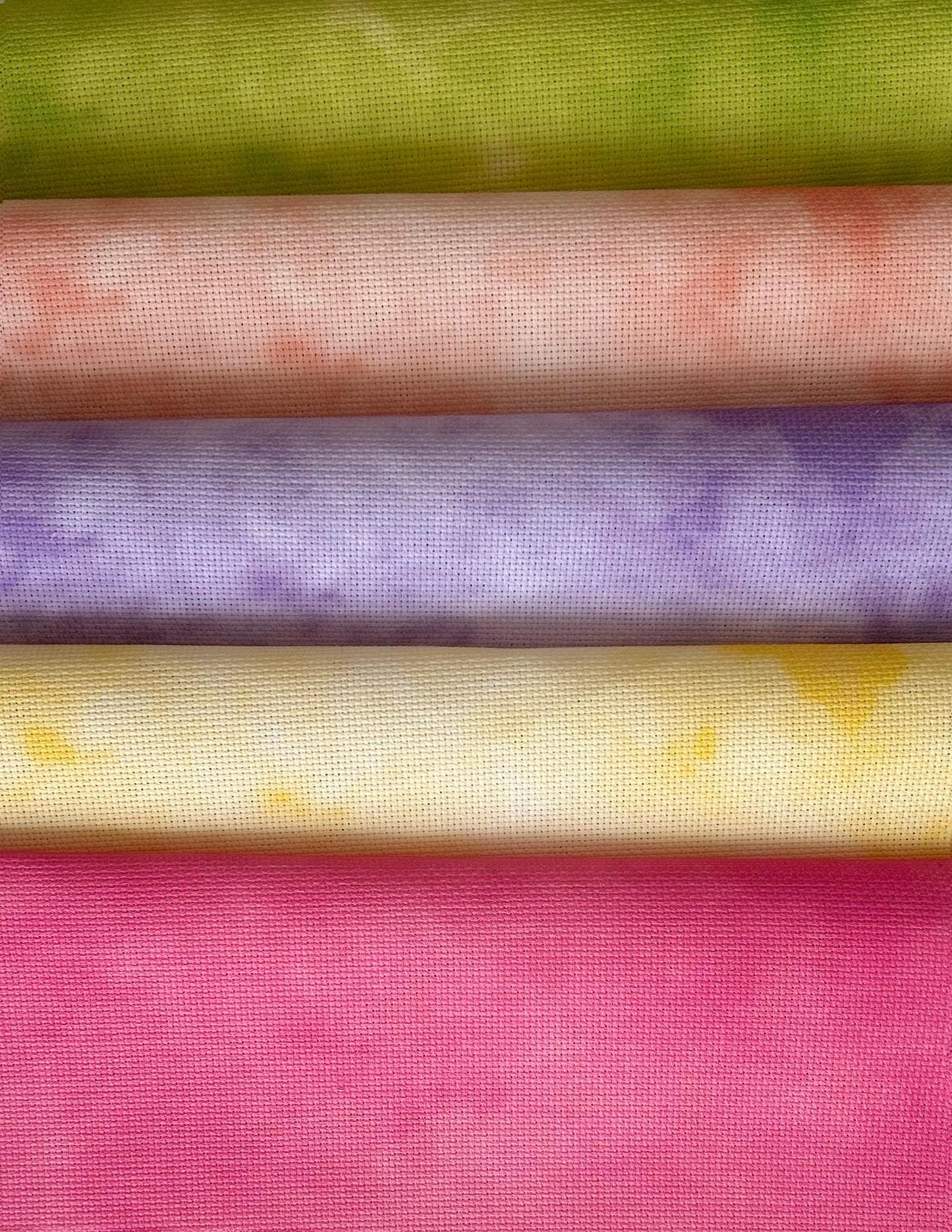 Set of 5 Bright Coloured Printed Cross Stitch Fabrics, Hand Dyed Effect Aida Cloth bundle, 14 / 16 / 18  Count Available