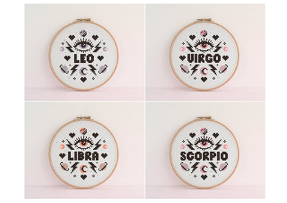 ZODIAC Cross Stitch Kit. Star Signs: Aries ,Taurus, Gemini, Cancer, Leo, Virgo, Libra, Scorpio, Sagittarius, Capricorn, Aquarius, Pisces.