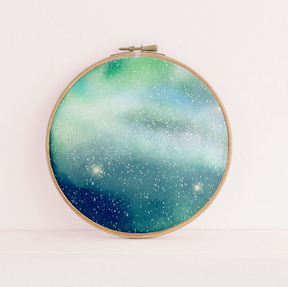 Northern Lights Space Odyssey printed cross stitch fabric -  (16" x11”) Galaxy Space Fabric,Night Sky, Dyed Effect Aida, Stars, Universe