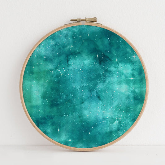 Starry Jade Green Odyssey (16" x11”) Galaxy Cross Stitch Fabric, Space Print,Night Sky, Dyed Effect Aida, Stars, Universe 14/16/18 Count
