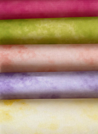 Set of 5 Bright Coloured Printed Cross Stitch Fabrics, Plus 1 bonus Aida. Hand Dyed Effect  bundle, 14 / 16 / 18  Count Available