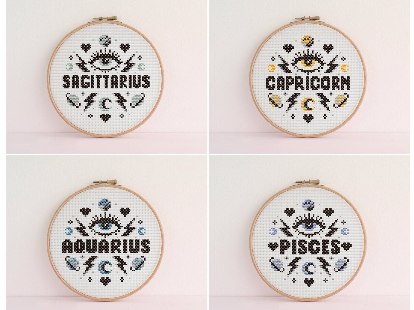 ZODIAC Cross Stitch Kit. Star Signs: Aries ,Taurus, Gemini, Cancer, Leo, Virgo, Libra, Scorpio, Sagittarius, Capricorn, Aquarius, Pisces.