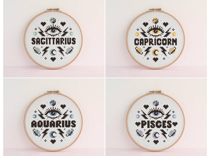 ZODIAC Cross Stitch Kit. Star Signs: Aries ,Taurus, Gemini, Cancer, Leo, Virgo, Libra, Scorpio, Sagittarius, Capricorn, Aquarius, Pisces.