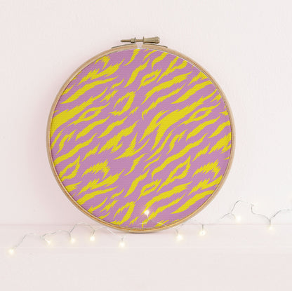 Pink Feral Candy Animal print cross stitch fabric - 14 count Aida  Embroidery fabric - lavender yellow colours, repeat pattern.