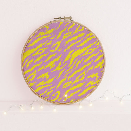 Pink Feral Candy Animal print cross stitch fabric - 14 count Aida  Embroidery fabric - lavender yellow colours, repeat pattern.