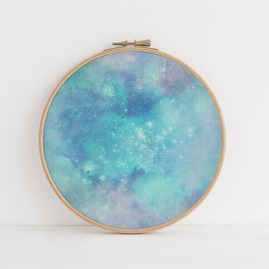 Starry Blue Aquamarine Odyssey (16" x11”) Galaxy Cross Stitch  Fabric, Space Print , Dyed Effect Aida, Stars, Universe 14/16/18 Count