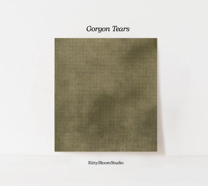 Gorgons Tears Cross Stitch Fabric. 14/16/18 Aida Count. A mottled olive green, hand dyed effect  Printed Aida.