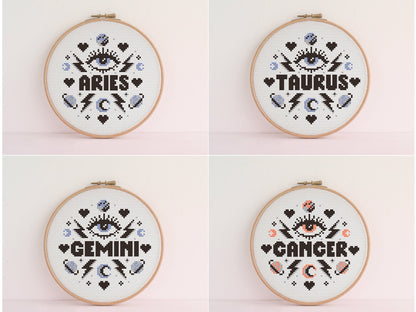 ZODIAC Cross Stitch Kit. Star Signs: Aries ,Taurus, Gemini, Cancer, Leo, Virgo, Libra, Scorpio, Sagittarius, Capricorn, Aquarius, Pisces.