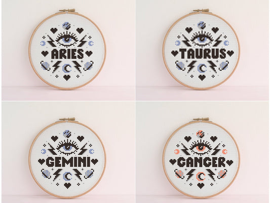 ZODIAC Cross Stitch Kit. Star Signs: Aries ,Taurus, Gemini, Cancer, Leo, Virgo, Libra, Scorpio, Sagittarius, Capricorn, Aquarius, Pisces.